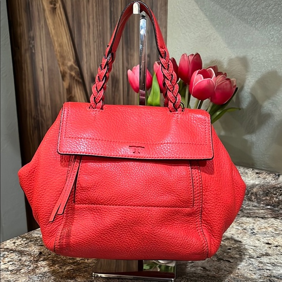 Tory Burch Handbags - TORY BURCH  HALF MOON POPPY ORANGE SAMBA PEBBLE GRAIN LEATHER SHOULDER BAG PURSE